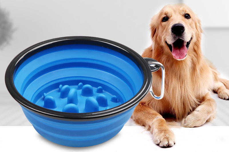 Slow Feeder Collapsible Travel Bowl No Chocking | Safe Silicone Food & Water Bowls for Pets | Bonus Carabiner Clip for Hiking, Camping or Walking